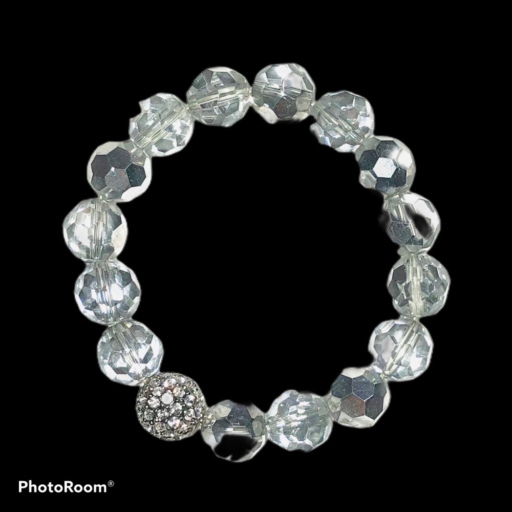 Transparent Beaded Cut Crystal Bracelet Clear Stones Stretch Cuff Bangle 7” - Picture 5 of 8